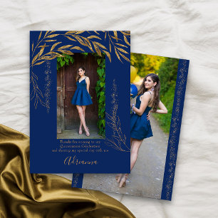 Elegante 2 foto's koningsblauw en goudblad bedankkaart