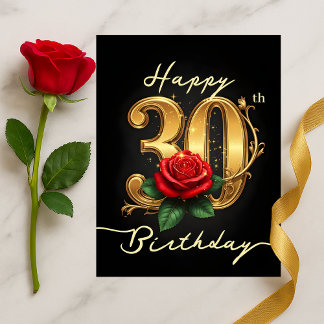 Elegante 30e verjaardag Gouden schrift rode bloeme Briefkaart