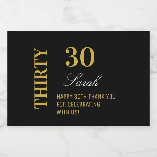 Elegante 30e verjaardag Zwart en Goud Dank u Sparkling Wijnetiket (Enkel label)