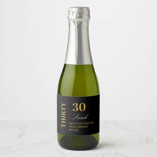 Elegante 30e verjaardag Zwart en Goud Dank u Sparkling Wijnetiket (Voorkant)