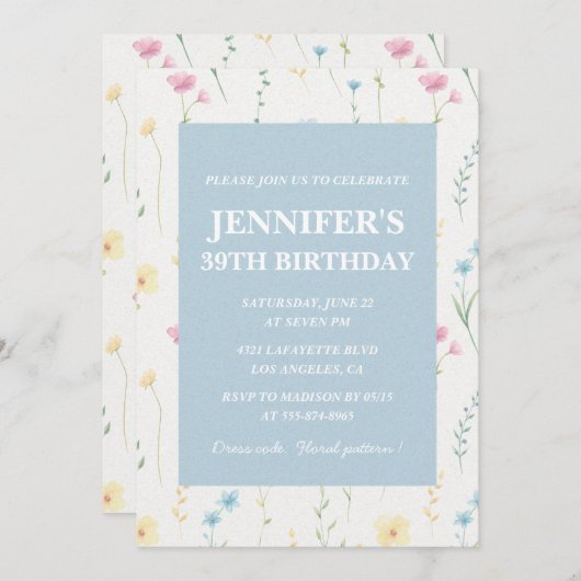 Elegante 39e verjaardag uitnodigingen Floral Boho (Voorkant / Achterkant)