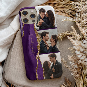 Elegante 3 foto collage namen paars goud agaat iPhone 13 hoesje