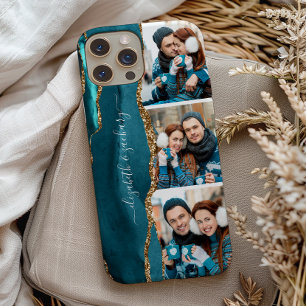Elegante 3 foto collage namen teal goud agaat iPhone 13 hoesje