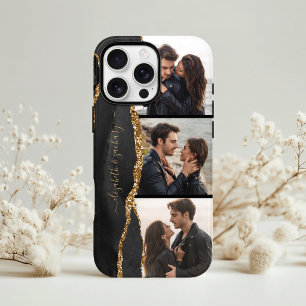 Elegante 3 Foto Collage Namen Zwart Goud Agaat iPhone 13 Hoesje