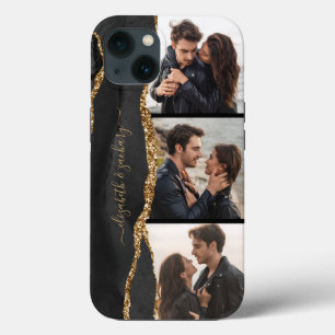 Elegante 3 Foto Collage Namen Zwart Goud Agaat iPhone 13 Hoesje