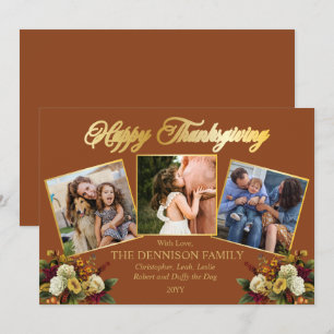 Elegante 3 Foto Familie Bloemrijke Prettig Thanksg Feestdagenkaart