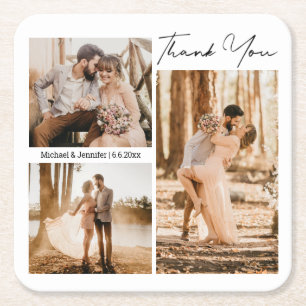 Elegante 3 foto's Dank u bruiloft gunst Vierkante Kartonnen Onderzetter