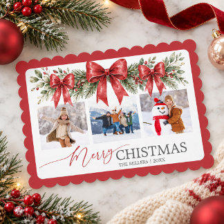 Elegante 3 Foto's Rode Strik Kerstgroen Vrolijk Ke Feestdagenkaart
