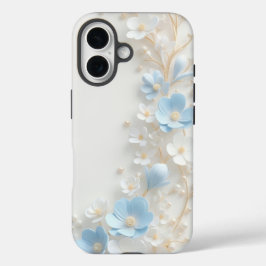 Elegante 3D blauwe en witte bloemenopearl iPhone-h iPhone 16 Hoesje