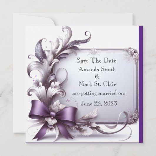 Elegante 3D-Rozen: Paarse lint datumbekendmaking Save The Date (Voorkant)