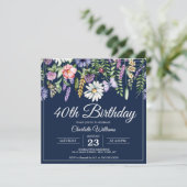 Elegante 40e verjaardag Navy Blue Wildflowers Kaart (Staand voorkant)