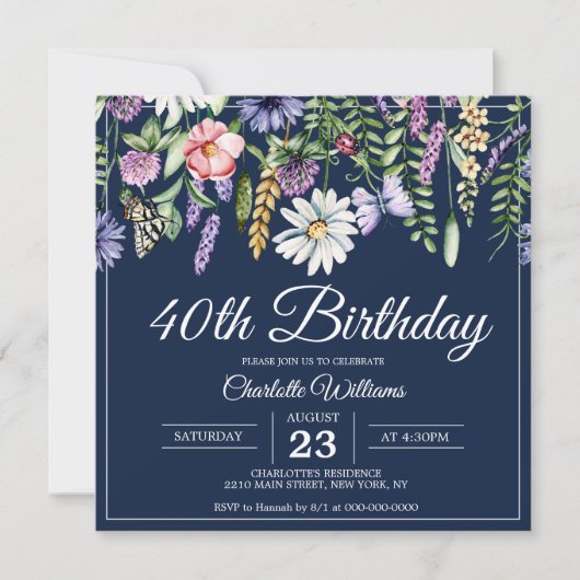 Elegante 40e verjaardag Navy Blue Wildflowers Kaart (Voorkant)
