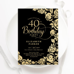 Elegante 40e verjaardag zwart gouden Rozen Kaart