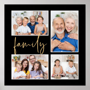 Elegante 4 foto collage familie goud zwart poster