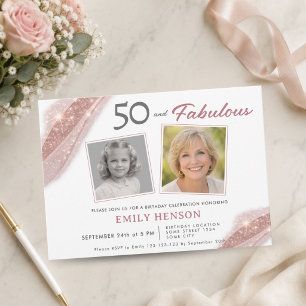 Elegante 50 en Fabulous Roze Gouden Foto Verjaarda Kaart