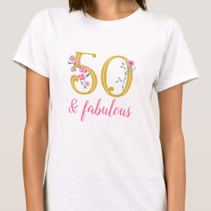 Elegante 50 en fantastische gouden en roze bloemen t-shirt