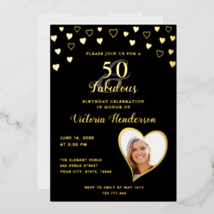 Elegante 50 & Fabulous Effen Zwart & Gouden Verjaa Folie Uitnodiging