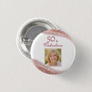 Elegante 50 & Fabulous Roze Goud Foto Verjaardag  Ronde Button 3,2 Cm