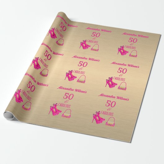 Elegante 50e verjaardag Goud Roze Hoge Hakken Naam Cadeaupapier (Uitgerold)