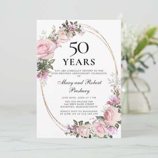 Elegante 50e verjaardag Roze Roos Bloemig Kaart (Staand voorkant)