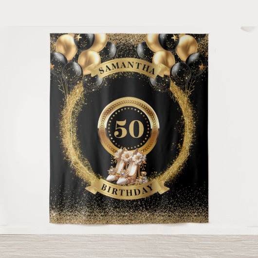 Elegante 50e verjaardag wandtapijt Gouden glitters Wandkleed (Voorkant)
