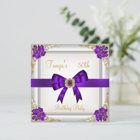 Elegante 50ste verjaardag bloem paars wit goud 2 kaart (Staand voorkant)