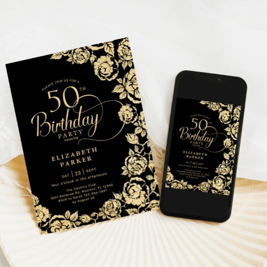 Elegante 50ste verjaardag zwart gouden Rozen Kaart
