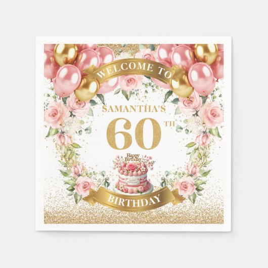 Elegante 60e servetten met gouden bloemenglitter (Voorkant)