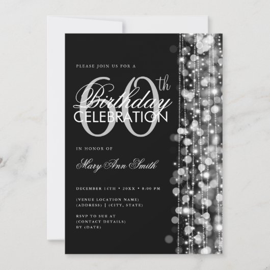 Elegante 60e verjaardag Glam Sparkles Zilver Zwart Kaart (Voorkant)