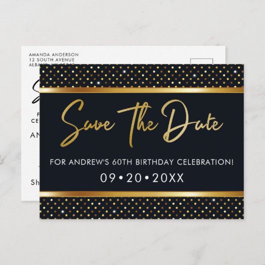 Elegante 60e verjaardag goud en zwart Save The Dat Briefkaart (Voorkant / Achterkant)