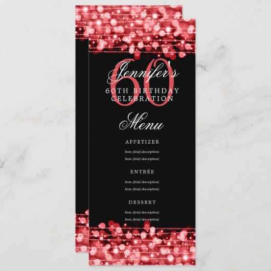 Elegante 60e verjaardag menu rood licht kaart (Voorkant / Achterkant)