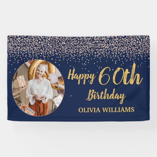 Elegante 60e verjaardag Navy Blauw Gouden Glitter Spandoek (Horizontaal)