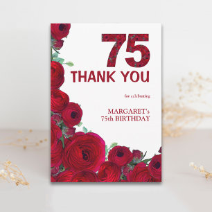 Elegante 75e verjaardag Rood bloemnummer 75 jaar Bedankkaart