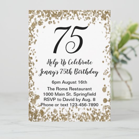 Elegante 75e verjaardag uitnodiging in zwart en go (Staand voorkant)