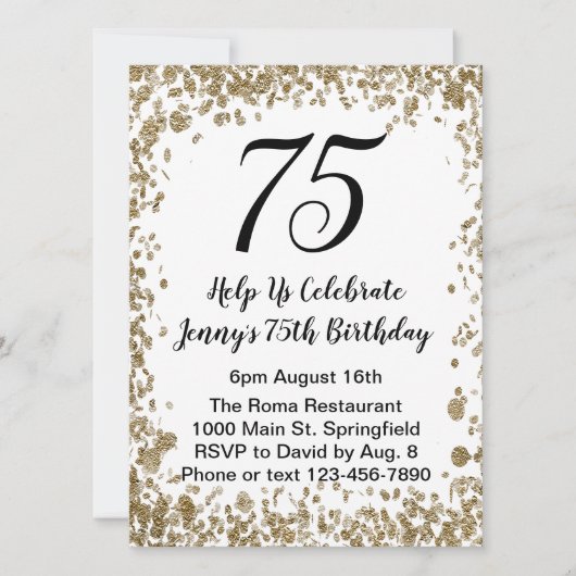 Elegante 75e verjaardag uitnodiging in zwart en go (Voorkant)