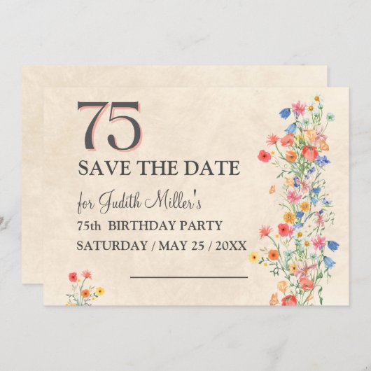 Elegante 75e verjaardag - Wildflower Design Save The Date (Voorkant / Achterkant)