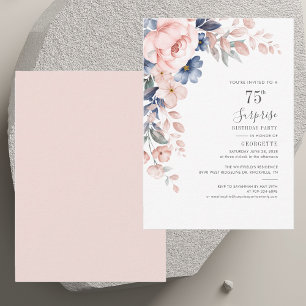 Elegante 75e verjaardagsfeest roze bloemen uitnodi notitiekaartje