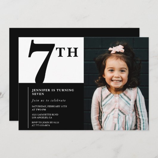 Elegante 7e verjaardag uitnodiging Meisje Chic Fot (Voorkant / Achterkant)