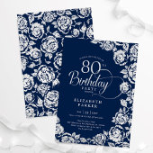 Elegante 80e verjaardag Navy Silver Rozen Kaart