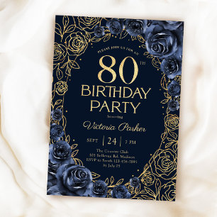 Elegante 80ste verjaardag marineblauw & gouden blo kaart
