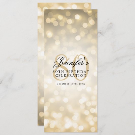 Elegante 80ste verjaardag menu Gold Bokeh Kaart (Voorkant / Achterkant)