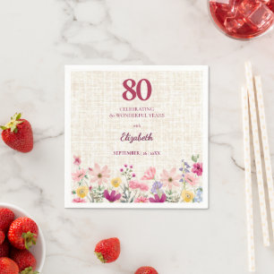 Elegante 80ste verjaardag voor haar - Linnen bloem Servet