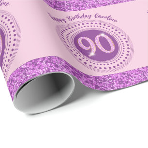 Elegante 90ste verjaardag Roze glitter met strepen Cadeaupapier