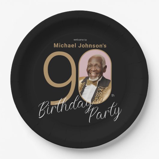 Elegante 90ste verjaardag zwart goud aangepaste fo papieren bordje (Voorkant)