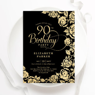 Elegante 90ste verjaardag zwart gouden Rozen Kaart