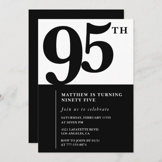 Elegante 95e verjaardag uitnodiging Black Chic Mod (Voorkant / Achterkant)