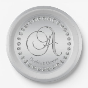 Elegante aangepaste diamant zilveren monogram brui papieren bordje