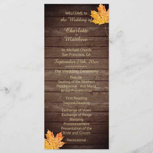 Elegante aangepaste rustieke esdoorn blad bruiloft programma (Voorkant)