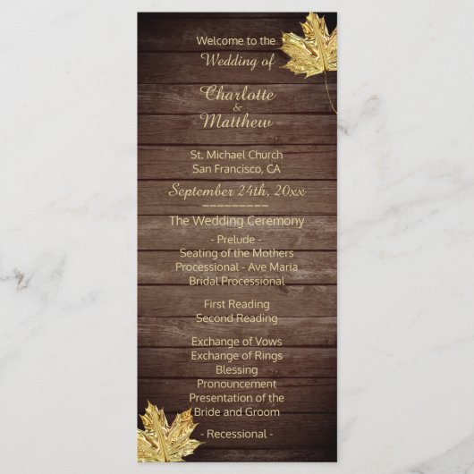 Elegante aangepaste rustieke esdoorn blad bruiloft programma (Voorkant)