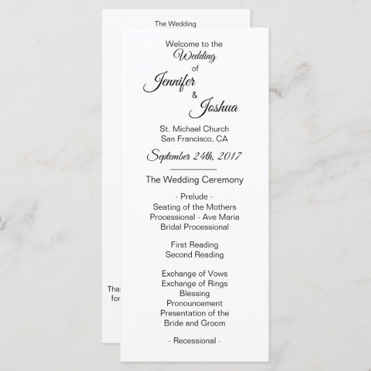 Elegante aangepaste witte zwarte trouwprogramma's programma (Voorkant / Achterkant)